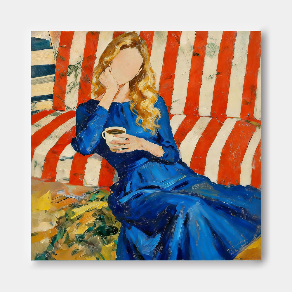 Faceless Woman Portrait Oil Painting Modern Blue Dress & Red Striped Sofa Canvas Art Vibrant Abstract Wall Decor