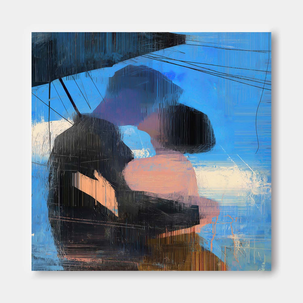 Abstract Oil Painting Couple Kissing Under Umbrella Romantic Wall Art Blue Tone Emotional Figurative Canvas