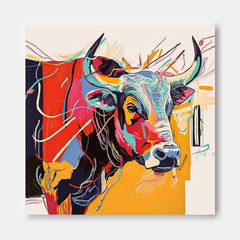 Large Colorful Animal Artwork Home Decor Square Ox Oil Painting Canvas Original Lovely Cow Wall Art