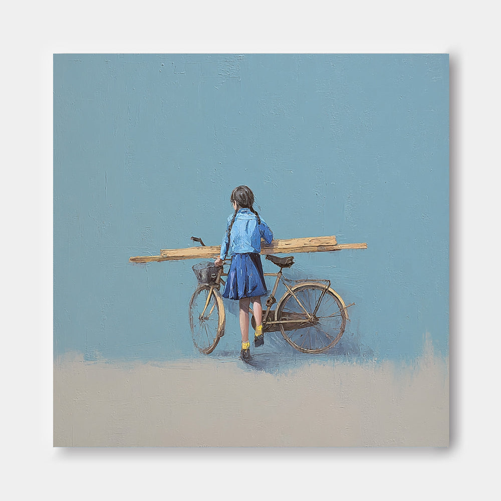 Blue Wall Art Minimalist Girl Riding A Bicycle Painting Abstract Warm atmosphere Art For Living Room