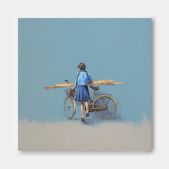 Blue Wall Art Minimalist Girl Riding A Bicycle Painting Abstract Warm atmosphere Art For Living Room