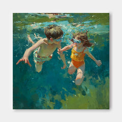 Square Diving In Ocean Acrylic Painting Two Children Artwork Original Child swimming Wall Art For Living Room