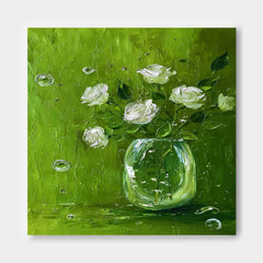 Modern Fresh Green & White Square Floral Canvas Textured Rose Oil Painting Healing Aesthetic Still Life Decor