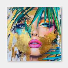 Origina Lady Face Acrylic Painting Canvas Gold Girl Abstract Wall Art Square Large Portrait Artwork