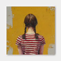 Abstract Twin-Tailed Girl Art Minimalist Child Back View Painting Original Yellow Wall Art For Living Room