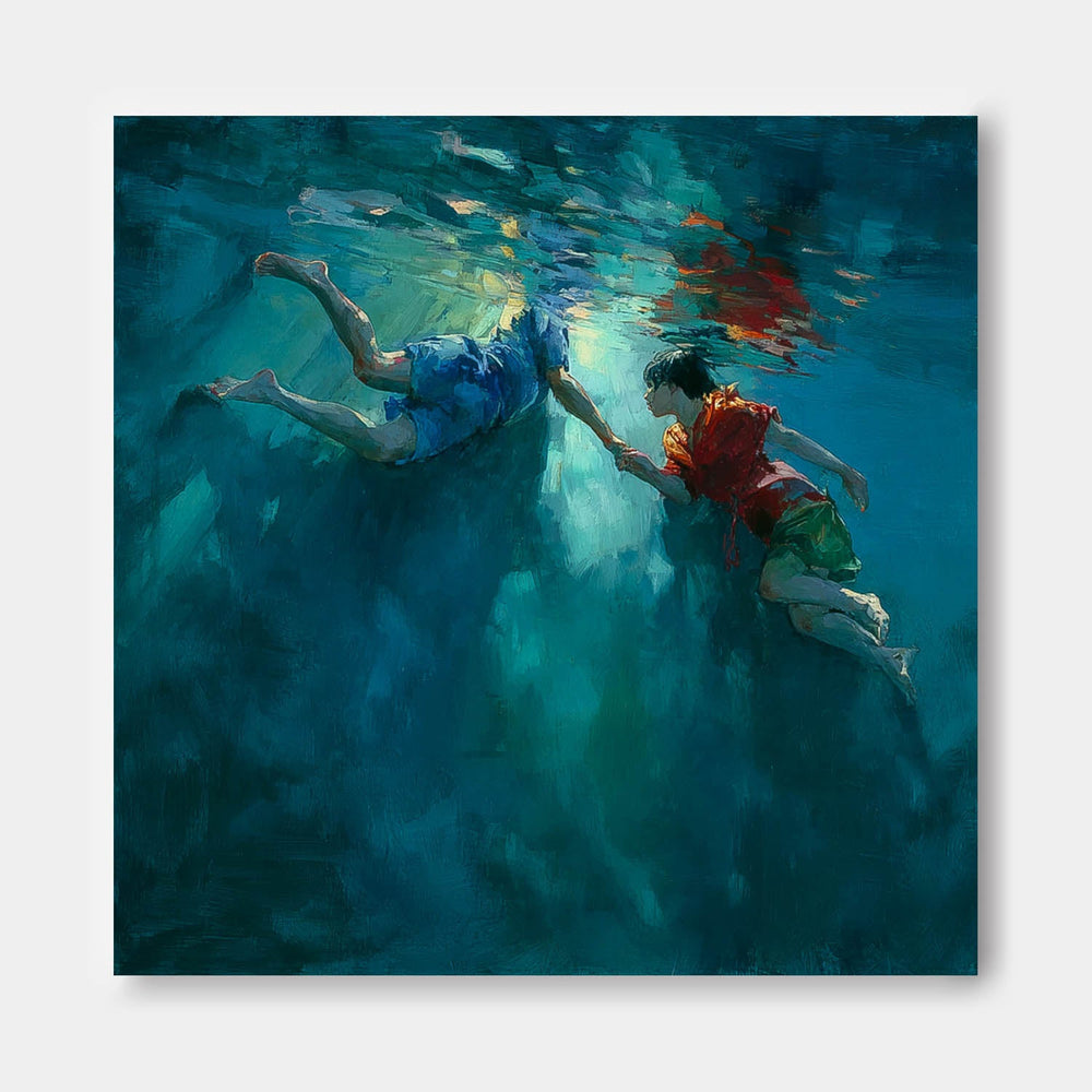 Two Children Artwork Square Diving In Ocean Acrylic Painting Original Child swimming Wall Art For Living Room