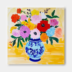 Floral Texture Painting on Canvas Original Flower Square Vase Artwork Large Illustration style Wall Art