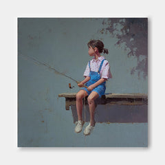 Abstract Warm atmosphere Art Original Grey Wall Art Minimalist Girl Fishing Painting For Living Room