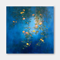 Original Floral Wall Art Canvas Vibrant Yellow & Pink Roses On Deep Blue Background Modern Boho Living Room