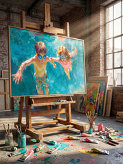 Charming Kids Swimming Oil Painting For Modern Family Home Decor Wall Art