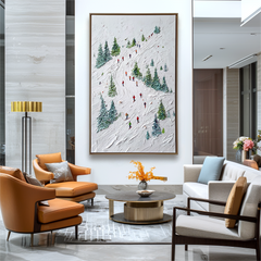 Alpine Rush – Skiing Oil Painting on Textured Canvas, Winter Sports Landscape Wall Art