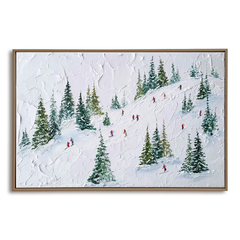 Glide Through Pines – Skiing Oil Painting on Textured Canvas, Winter Snow Landscape Wall Art