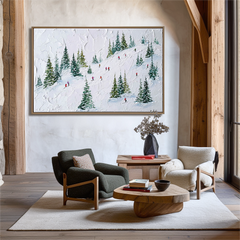 Glide Through Pines – Skiing Oil Painting on Textured Canvas, Winter Snow Landscape Wall Art
