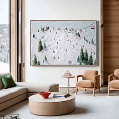 Summit Rush – Ski Resort Oil Painting on Textured Canvas, Winter Sports Alpine Wall Art