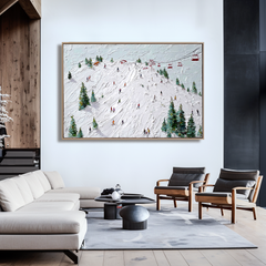 Summit Rush – Ski Resort Oil Painting on Textured Canvas, Winter Sports Alpine Wall Art