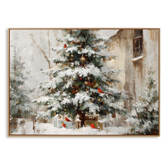 Winter Serenade – Christmas Tree Oil Painting with Cardinals, Snowy Holiday Wall Art