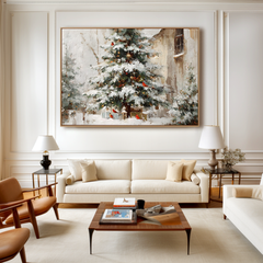 Winter Serenade – Christmas Tree Oil Painting with Cardinals, Snowy Holiday Wall Art