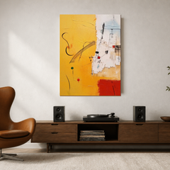 Vertical gold yellow white and orange graffiti abstract AB148 above a media console
