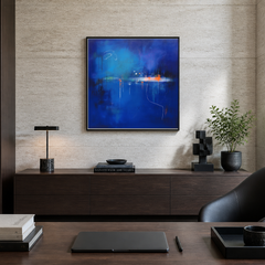 Deep blue line-art abstract AB208 in a dark wood executive office