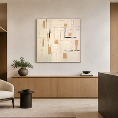 Square ivory black and tan line-art abstract AB323 in a modern office reception area