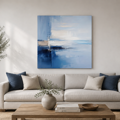 Living room wall art centered at eye level with hanging-height measurements