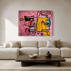Pink black and yellow Pop Art AB477 above a cream sofa in a modern living room