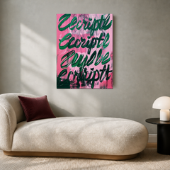 Vertical pink and forest green dripped Pop Art AB607 above a curved cream chaise