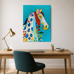Turquoise cream and multicolor Pop Art horse AN111 above a modern home office desk