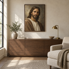 Jesus in Quiet Light oil painting displayed in a quiet reading and prayer corner