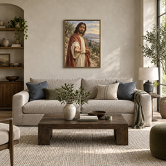 Come Follow Me oil painting displayed in a modern living room