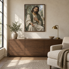 Merciful Jesus oil painting displayed in a quiet reading and prayer corner