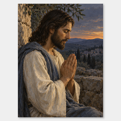 Jesus in Prayer – Twilight Oil Painting on a neutral gray background