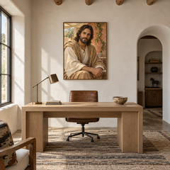 The Gentle Savior oil painting displayed in a study