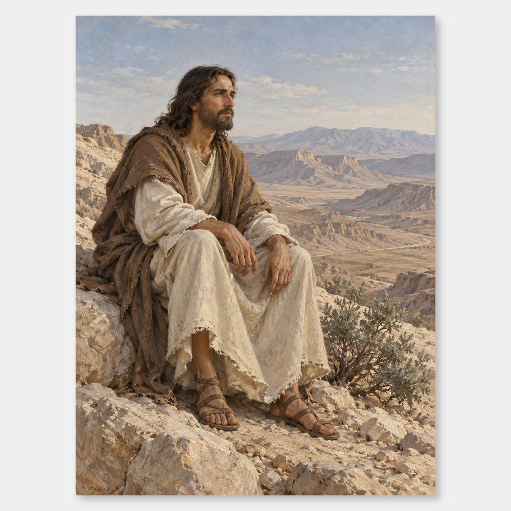 Christ in the Wilderness – Desert Oil Painting on a neutral gray background