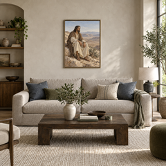 Christ in the Wilderness oil painting displayed in a modern living room
