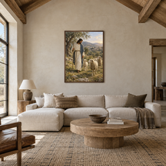 The Good Shepherd oil painting displayed in a living room