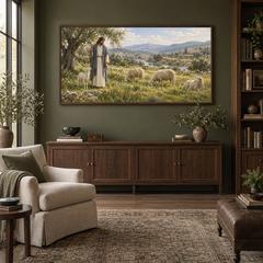 Shepherd in Quiet Pasture oil painting displayed in a olive home library