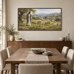 Shepherd in Quiet Pasture oil painting displayed in a walnut dining room