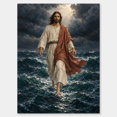 Walking on Water – Jesus on the Sea Painting on a neutral gray background