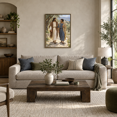Jesus Walks With Me oil painting displayed in a modern living room