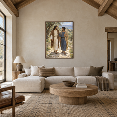 Jesus Walks With Me oil painting displayed in a living room