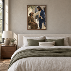 The Healing Touch oil painting displayed in a neutral bedroom