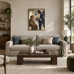The Healing Touch oil painting displayed in a modern living room