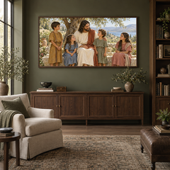 Jesus and the Children oil painting displayed in a olive home library