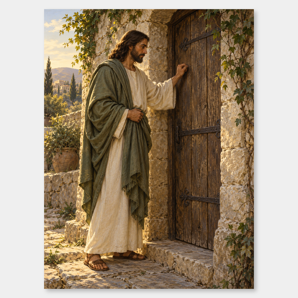 Knocking at the Door – Jesus at the Door Painting on a neutral gray background