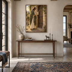 Knocking at the Door oil painting displayed in a entryway