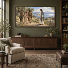 Come Unto Me oil painting displayed in a olive home library