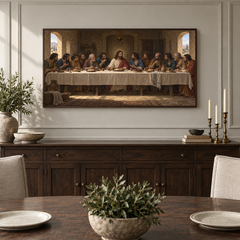 The Last Supper oil painting displayed in a classic dining room