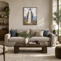 Our Lady of Grace oil painting displayed in a modern living room