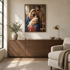 The Holy Family oil painting displayed in a quiet reading and prayer corner